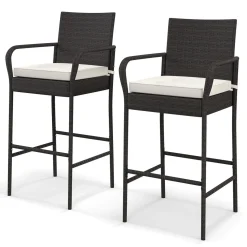 Tangkula Patio Wicker Barstools Set of 2, Outdoor PE Rattan Bar Chairs with Armrests & Soft Cushions