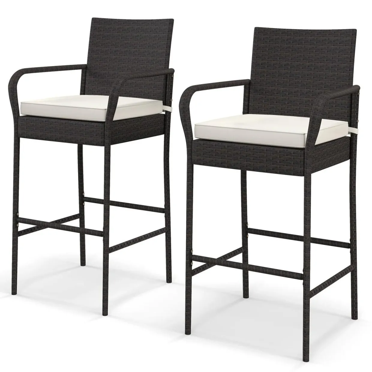 Tangkula Patio Wicker Barstools Set of 2, Outdoor PE Rattan Bar Chairs with Armrests & Soft Cushions