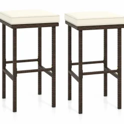 Tangkula Patio Wicker Bar Stools Set of 2/4, Patiojoy Outdoor Bar Height Chairs w/Seat Cushions & Footrest