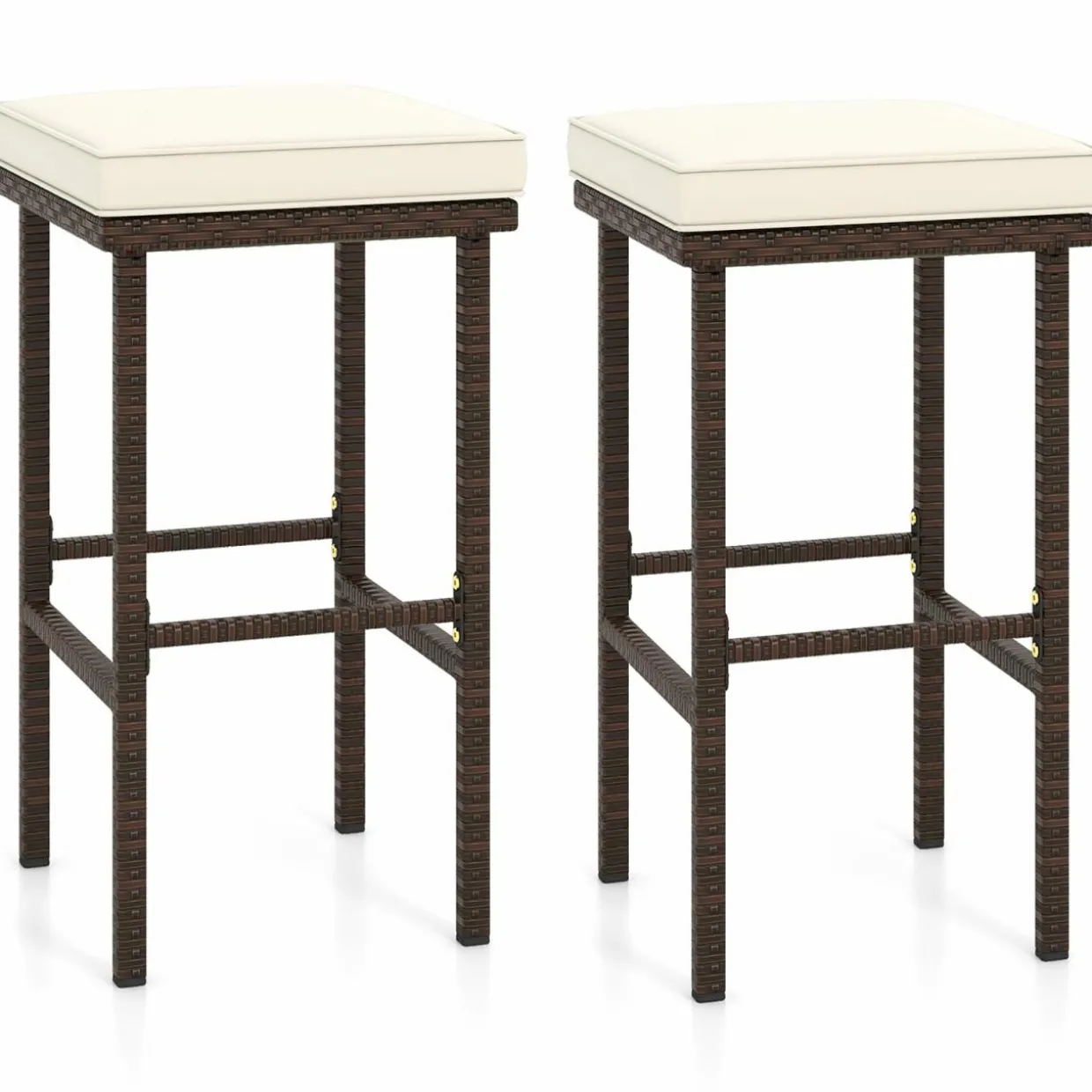 Tangkula Patio Wicker Bar Stools Set of 2/4, Patiojoy Outdoor Bar Height Chairs w/Seat Cushions & Footrest