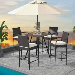 Tangkula Patio Wicker Barstools Set of 2, Outdoor PE Rattan Bar Chairs with Armrests & Soft Cushions