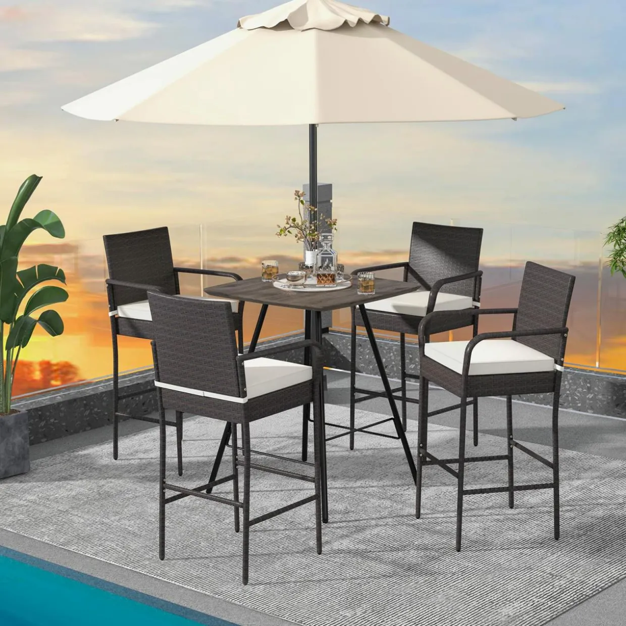 Tangkula Patio Wicker Barstools Set of 2, Outdoor PE Rattan Bar Chairs with Armrests & Soft Cushions