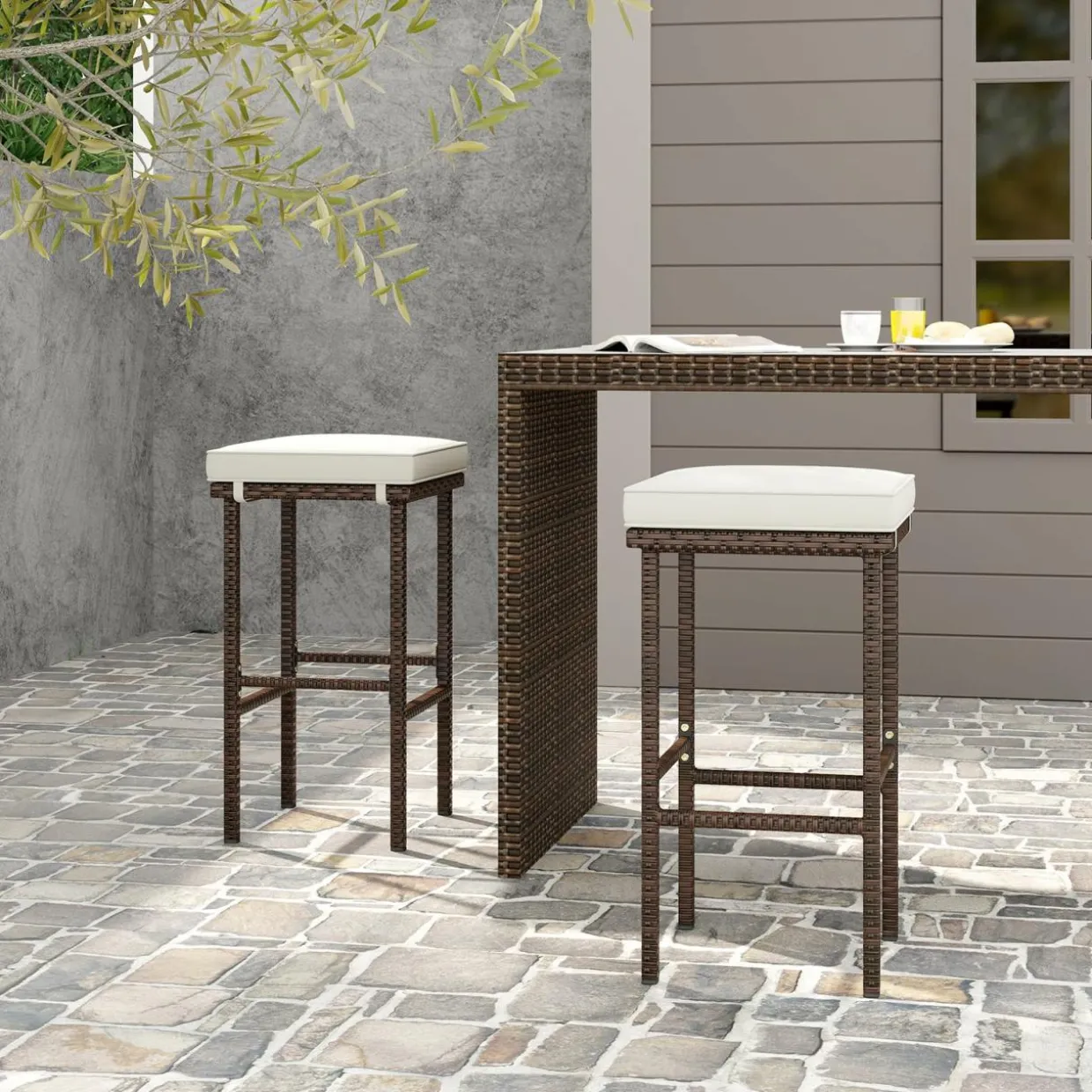 Tangkula Patio Wicker Bar Stools Set of 2/4, Patiojoy Outdoor Bar Height Chairs w/Seat Cushions & Footrest