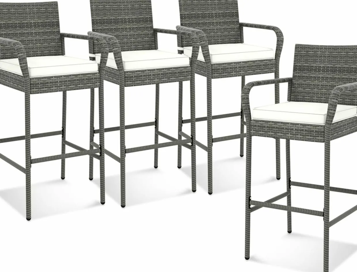 Tangkula Patio Wicker Barstools Set of 2, Outdoor PE Rattan Bar Chairs with Armrests & Soft Cushions