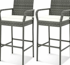 Tangkula Patio Wicker Barstools Set of 2, Outdoor PE Rattan Bar Chairs with Armrests & Soft Cushions