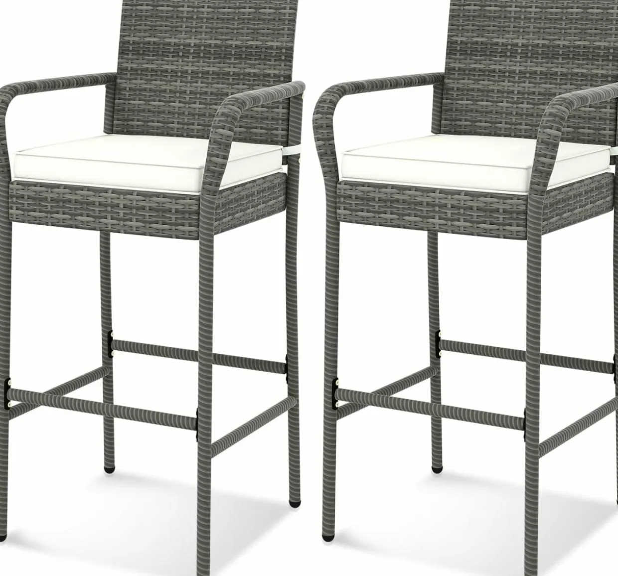 Tangkula Patio Wicker Barstools Set of 2, Outdoor PE Rattan Bar Chairs with Armrests & Soft Cushions