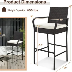 Tangkula Patio Wicker Barstools Set of 2, Outdoor PE Rattan Bar Chairs with Armrests & Soft Cushions