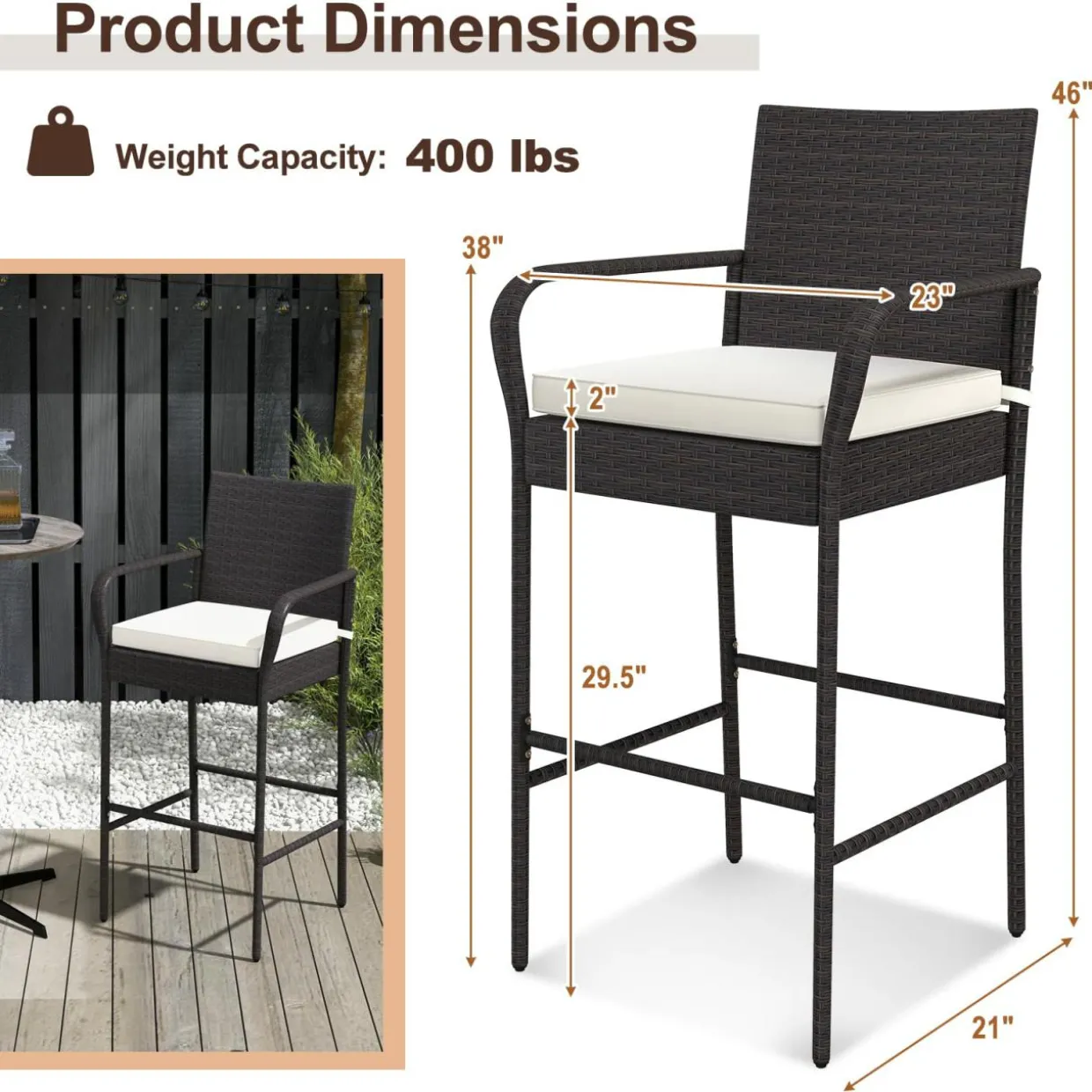 Tangkula Patio Wicker Barstools Set of 2, Outdoor PE Rattan Bar Chairs with Armrests & Soft Cushions
