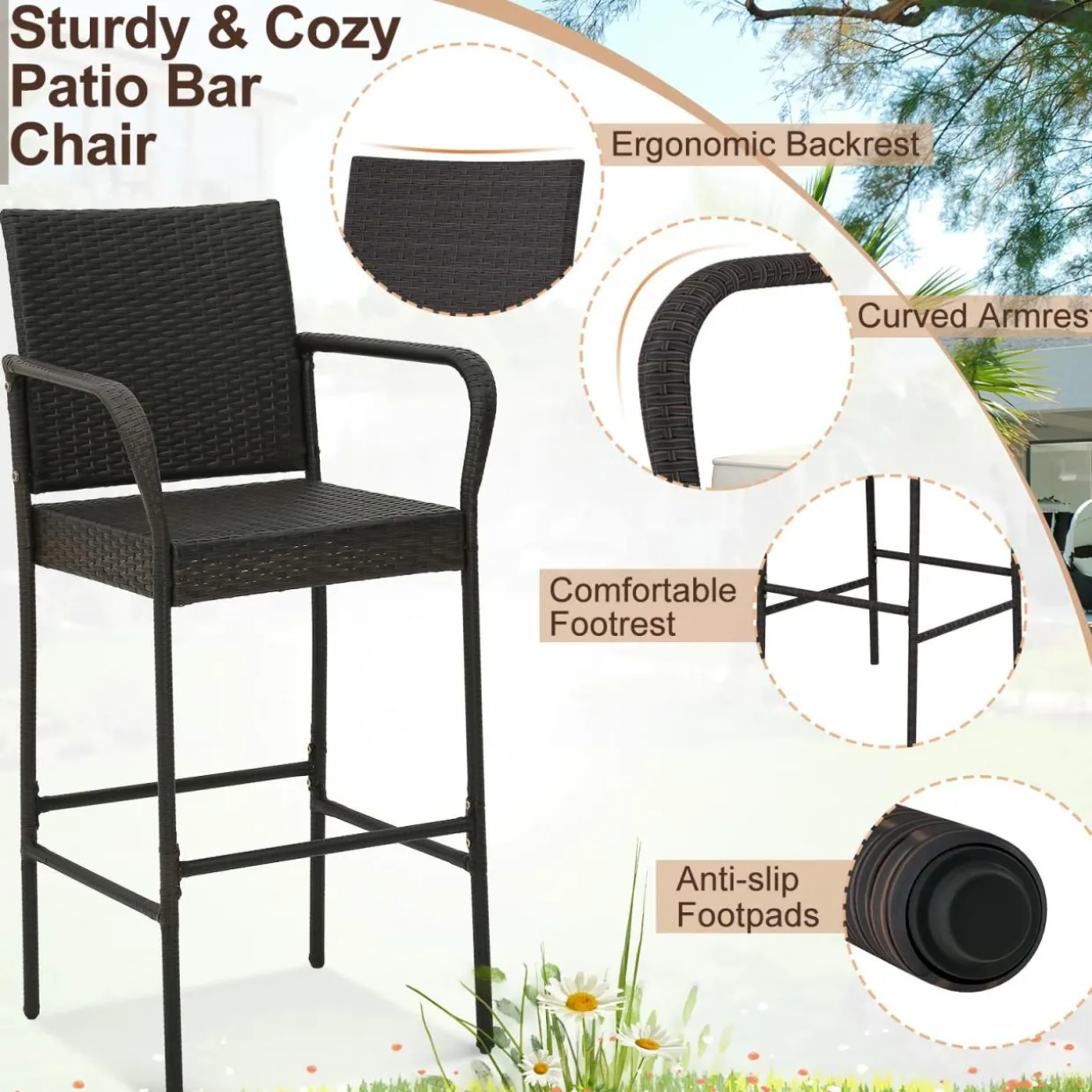 Tangkula Patio Wicker Barstools Set of 2, Outdoor PE Rattan Bar Chairs with Armrests & Soft Cushions
