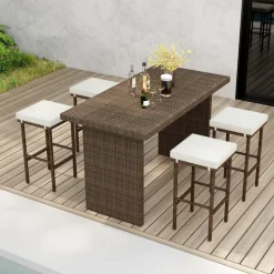 Tangkula Patio Wicker Bar Stools Set of 2/4, Patiojoy Outdoor Bar Height Chairs w/Seat Cushions & Footrest