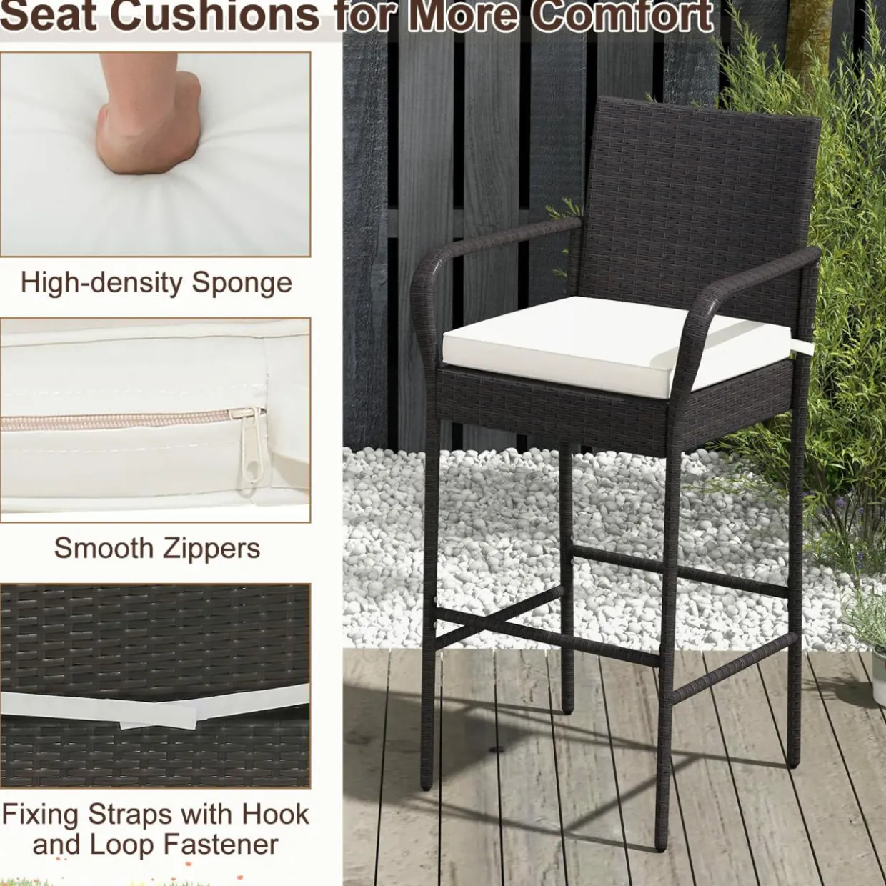 Tangkula Patio Wicker Barstools Set of 2, Outdoor PE Rattan Bar Chairs with Armrests & Soft Cushions