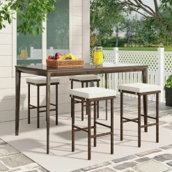 Tangkula Patio Wicker Bar Stools Set of 2/4, Patiojoy Outdoor Bar Height Chairs w/Seat Cushions & Footrest