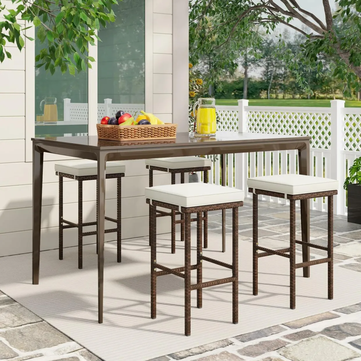 Tangkula Patio Wicker Bar Stools Set of 2/4, Patiojoy Outdoor Bar Height Chairs w/Seat Cushions & Footrest