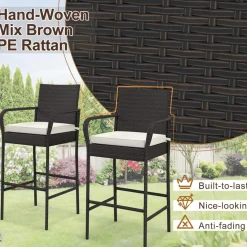 Tangkula Patio Wicker Barstools Set of 2, Outdoor PE Rattan Bar Chairs with Armrests & Soft Cushions