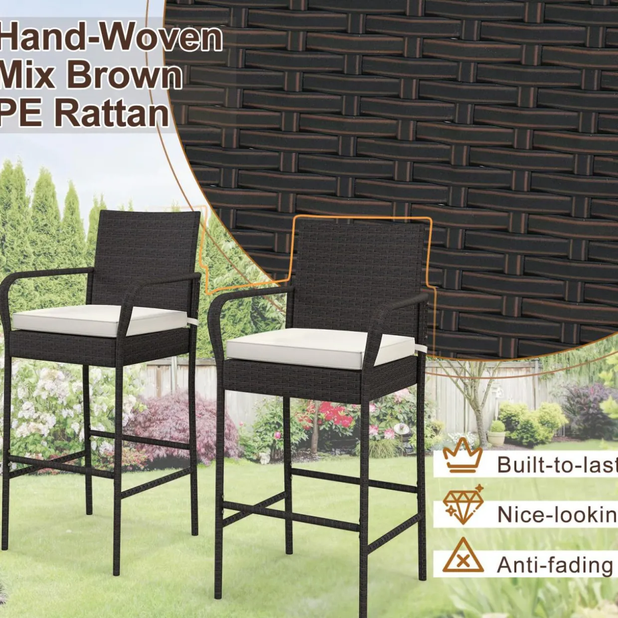 Tangkula Patio Wicker Barstools Set of 2, Outdoor PE Rattan Bar Chairs with Armrests & Soft Cushions