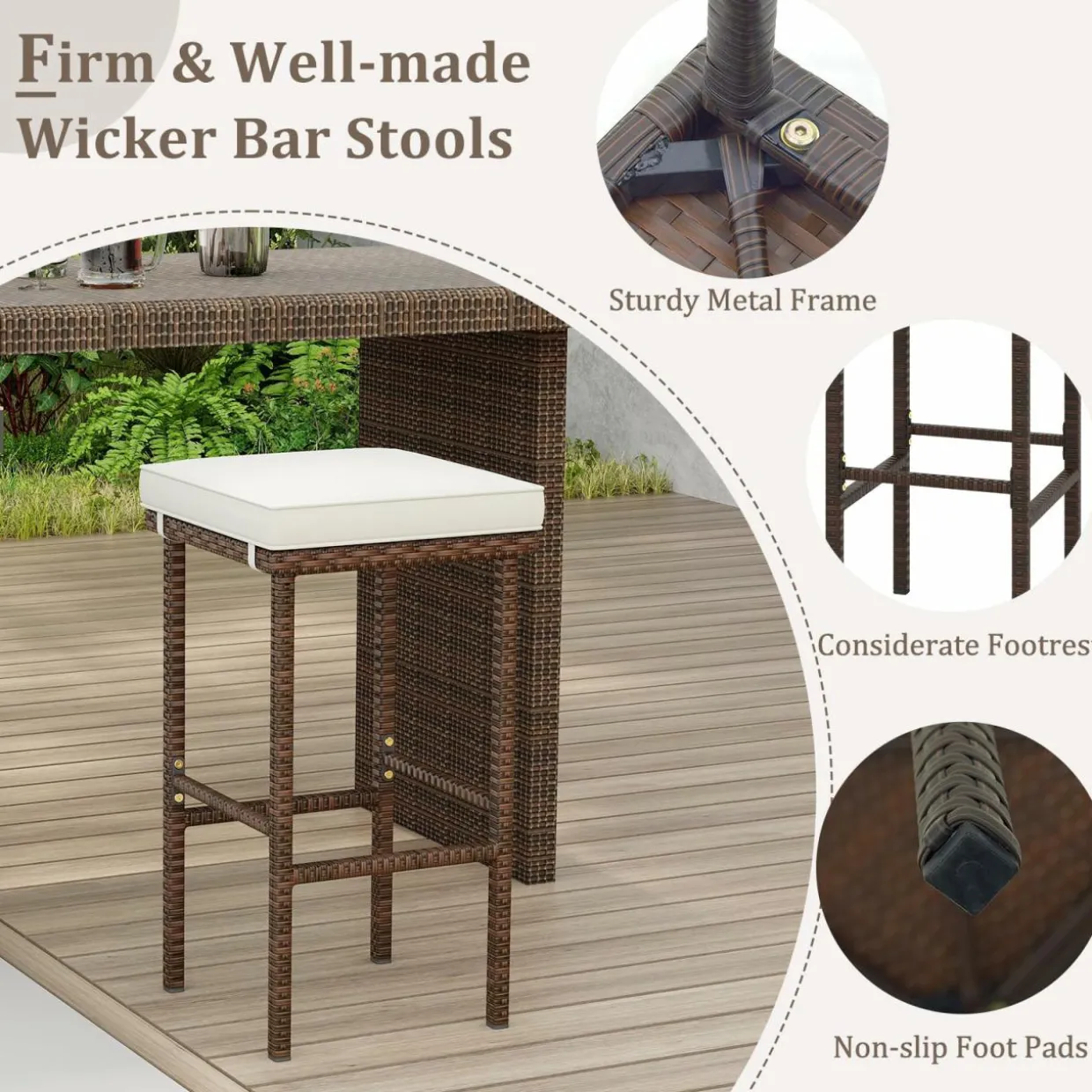 Tangkula Patio Wicker Bar Stools Set of 2/4, Patiojoy Outdoor Bar Height Chairs w/Seat Cushions & Footrest