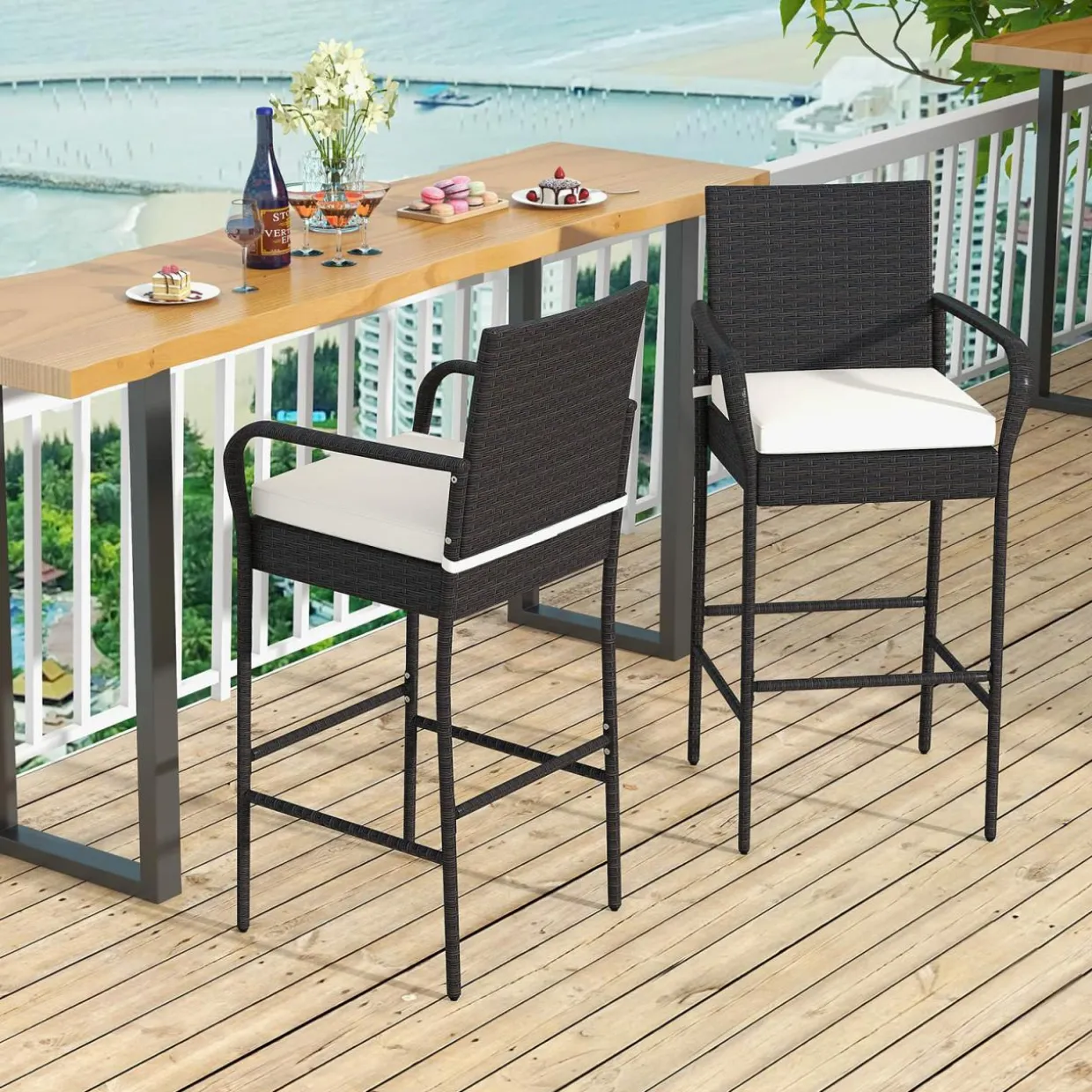 Tangkula Patio Wicker Barstools Set of 2, Outdoor PE Rattan Bar Chairs with Armrests & Soft Cushions