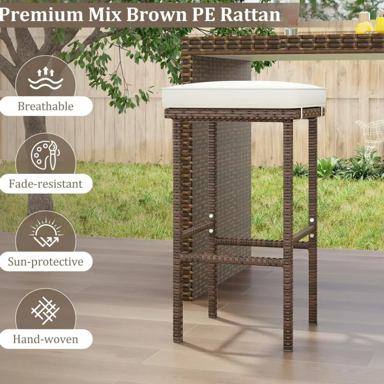 Tangkula Patio Wicker Bar Stools Set of 2/4, Patiojoy Outdoor Bar Height Chairs w/Seat Cushions & Footrest