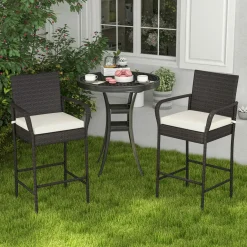 Tangkula Patio Wicker Barstools Set of 2, Outdoor PE Rattan Bar Chairs with Armrests & Soft Cushions