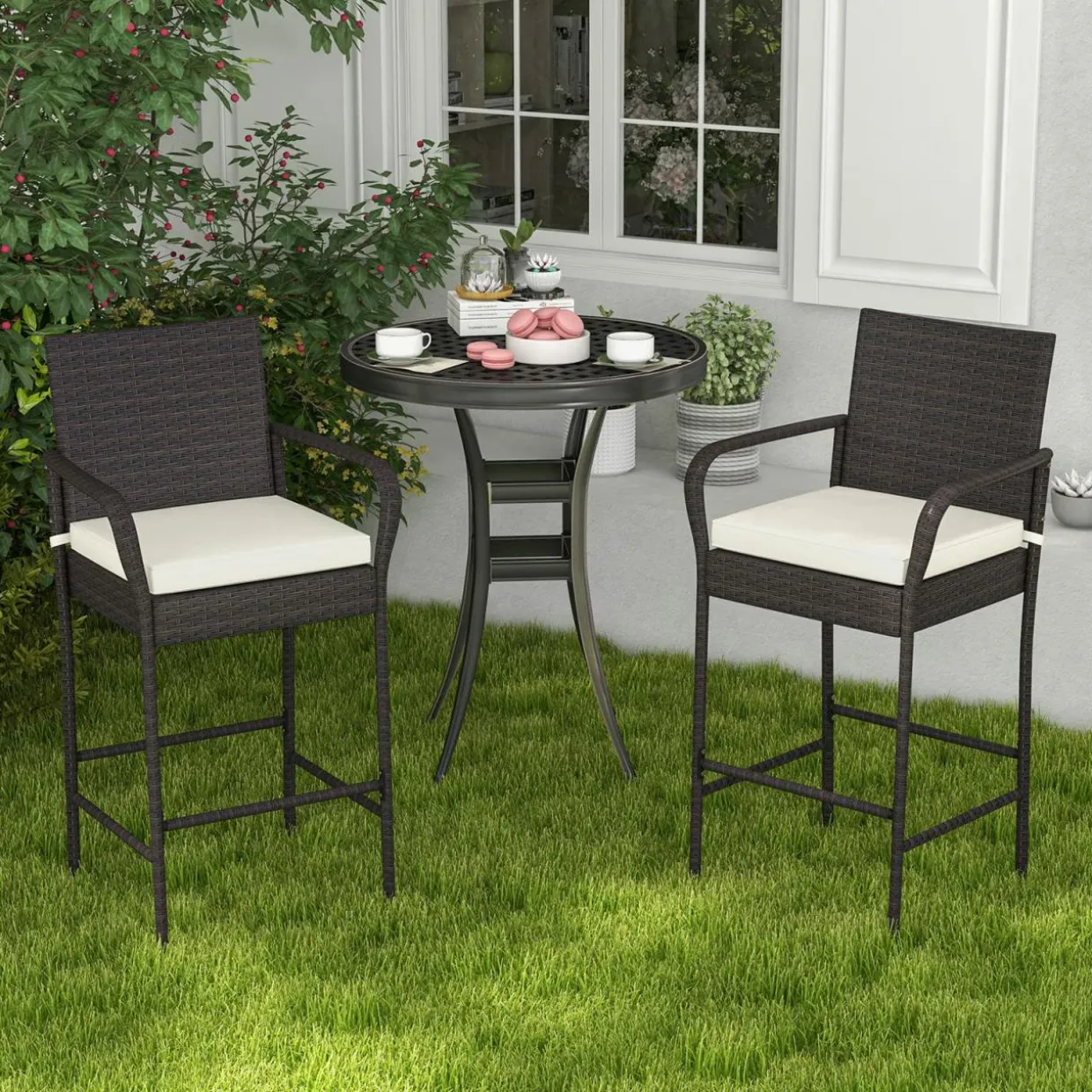 Tangkula Patio Wicker Barstools Set of 2, Outdoor PE Rattan Bar Chairs with Armrests & Soft Cushions