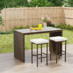 Tangkula Patio Wicker Bar Stools Set of 2/4, Patiojoy Outdoor Bar Height Chairs w/Seat Cushions & Footrest