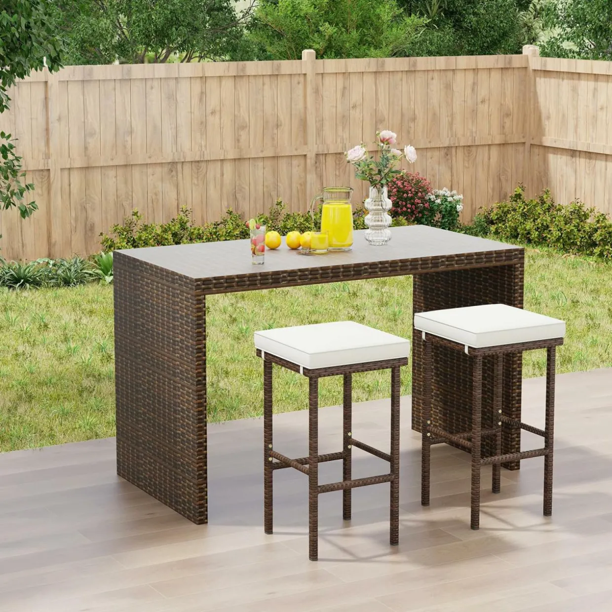 Tangkula Patio Wicker Bar Stools Set of 2/4, Patiojoy Outdoor Bar Height Chairs w/Seat Cushions & Footrest