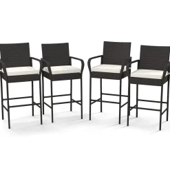 Tangkula Patio Wicker Barstools Set of 2, Outdoor PE Rattan Bar Chairs with Armrests & Soft Cushions