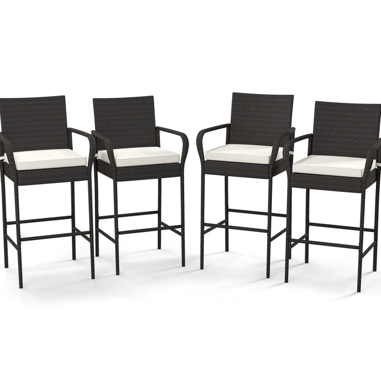 Tangkula Patio Wicker Barstools Set of 2, Outdoor PE Rattan Bar Chairs with Armrests & Soft Cushions