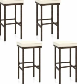 Tangkula Patio Wicker Bar Stools Set of 2/4, Patiojoy Outdoor Bar Height Chairs w/Seat Cushions & Footrest
