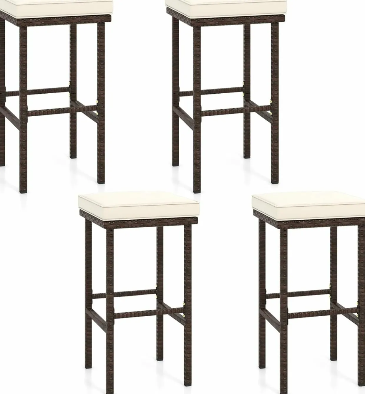 Tangkula Patio Wicker Bar Stools Set of 2/4, Patiojoy Outdoor Bar Height Chairs w/Seat Cushions & Footrest