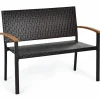 Tangkula Patio Wicker Bench, All Weather Rattan Bench w/Acacia Wood Armrest, Outdoor Loveseat Chair