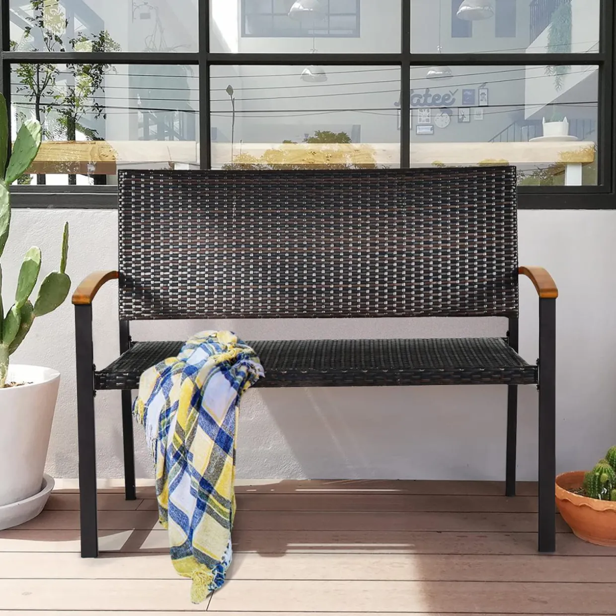 Tangkula Patio Wicker Bench, All Weather Rattan Bench w/Acacia Wood Armrest, Outdoor Loveseat Chair