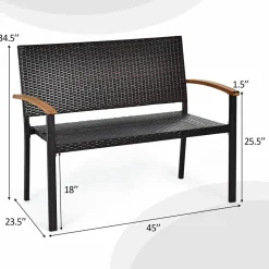 Tangkula Patio Wicker Bench, All Weather Rattan Bench w/Acacia Wood Armrest, Outdoor Loveseat Chair