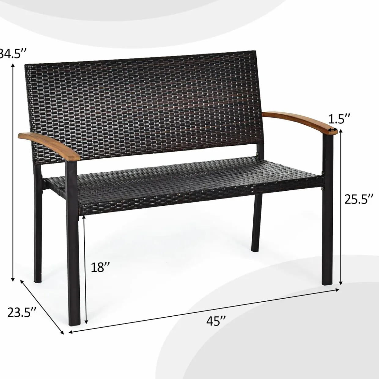 Tangkula Patio Wicker Bench, All Weather Rattan Bench w/Acacia Wood Armrest, Outdoor Loveseat Chair