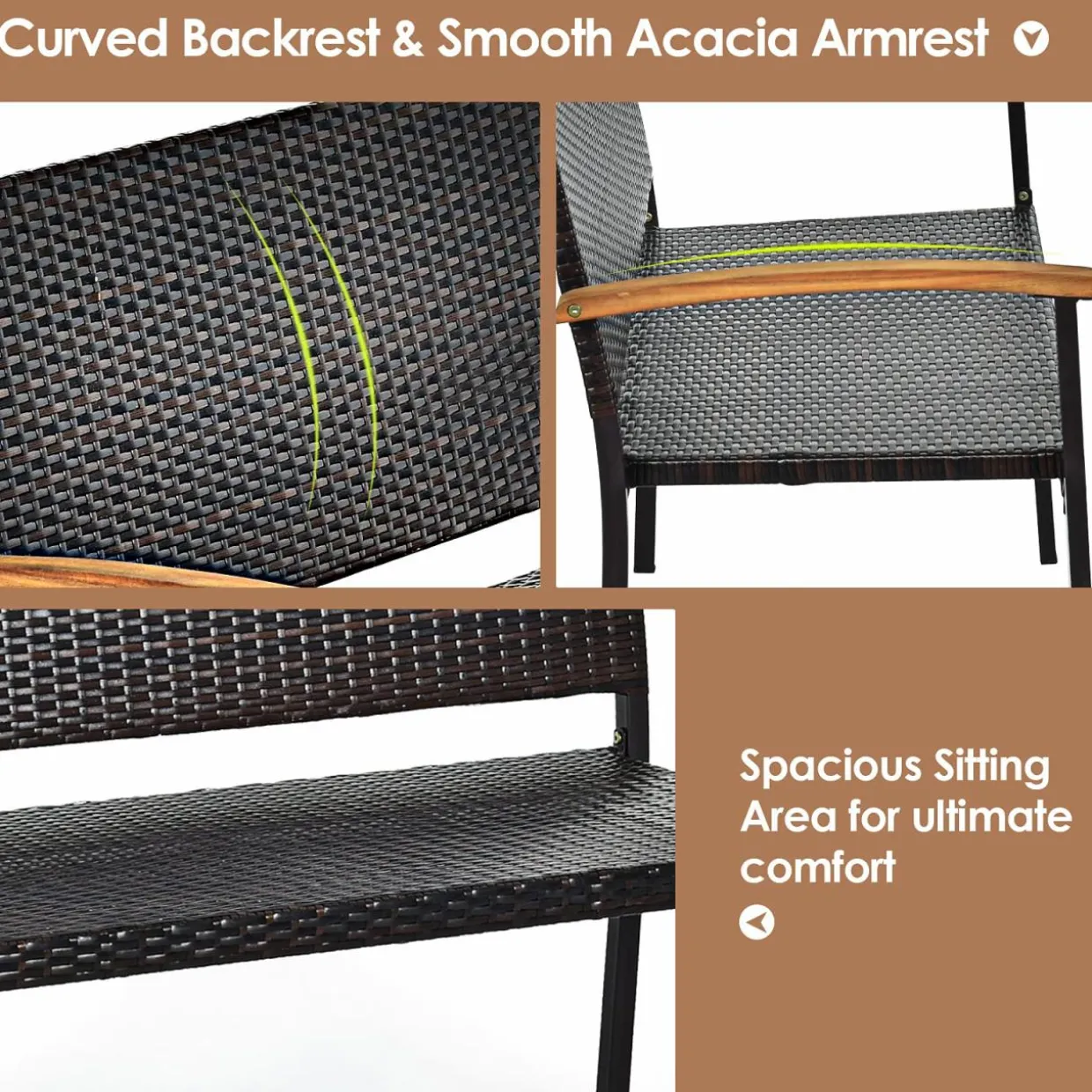 Tangkula Patio Wicker Bench, All Weather Rattan Bench w/Acacia Wood Armrest, Outdoor Loveseat Chair
