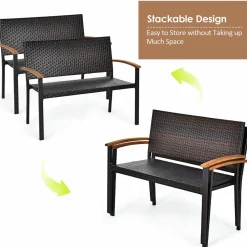 Tangkula Patio Wicker Bench, All Weather Rattan Bench w/Acacia Wood Armrest, Outdoor Loveseat Chair