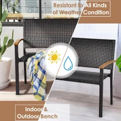 Tangkula Patio Wicker Bench, All Weather Rattan Bench w/Acacia Wood Armrest, Outdoor Loveseat Chair