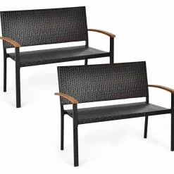 Tangkula Patio Wicker Bench, All Weather Rattan Bench w/Acacia Wood Armrest, Outdoor Loveseat Chair
