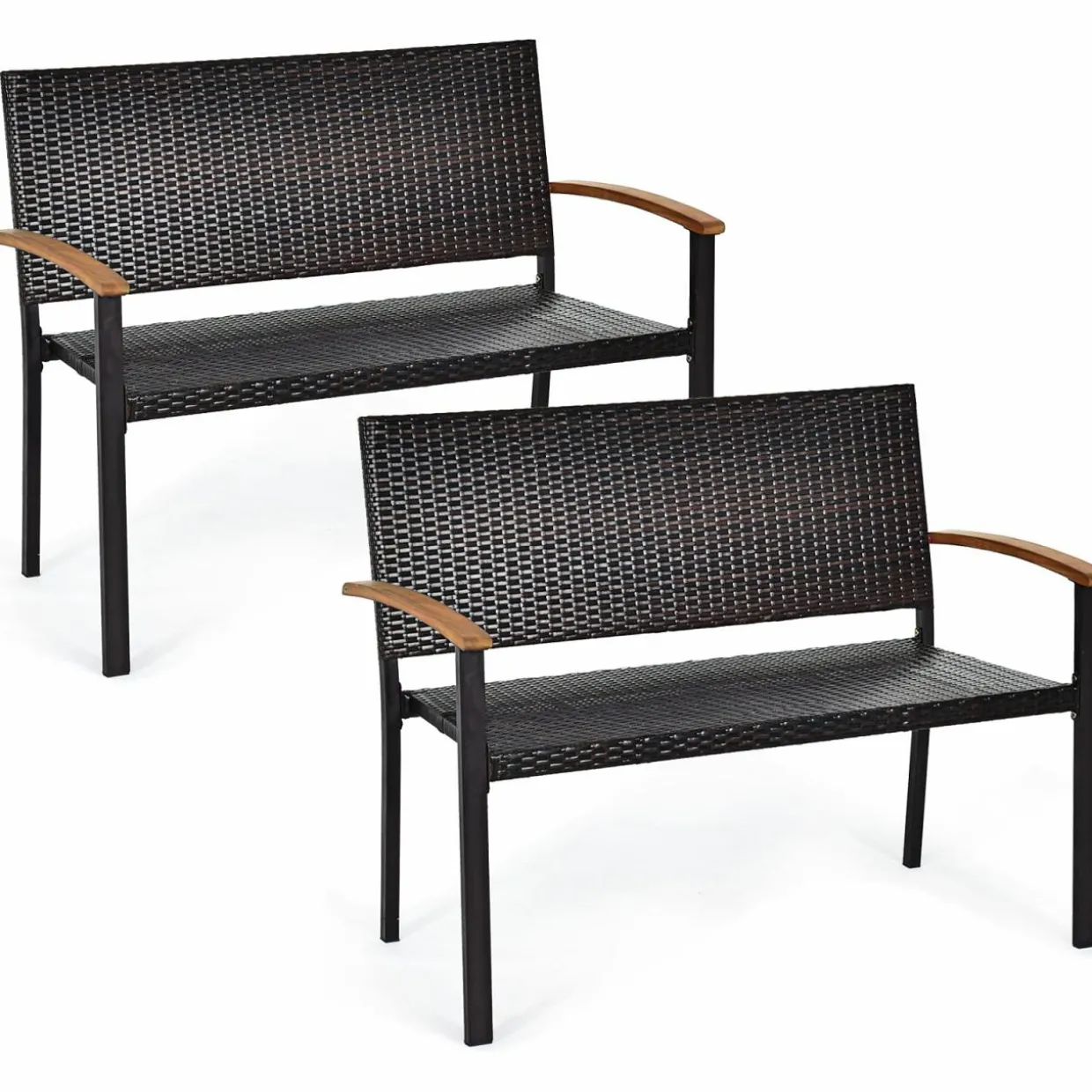 Tangkula Patio Wicker Bench, All Weather Rattan Bench w/Acacia Wood Armrest, Outdoor Loveseat Chair