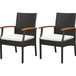 Tangkula Patio Wicker Chair Set of 2, Outdoor PE Rattan Chairs with Soft Zippered Cushion & Acacia Wood Armrests
