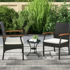 Tangkula Patio Wicker Chair Set of 2, Outdoor PE Rattan Chairs with Soft Zippered Cushion & Acacia Wood Armrests