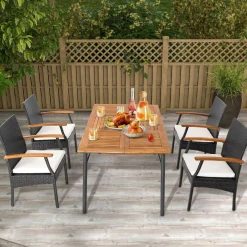 Tangkula Patio Wicker Chair Set of 2, Outdoor PE Rattan Chairs with Soft Zippered Cushion & Acacia Wood Armrests