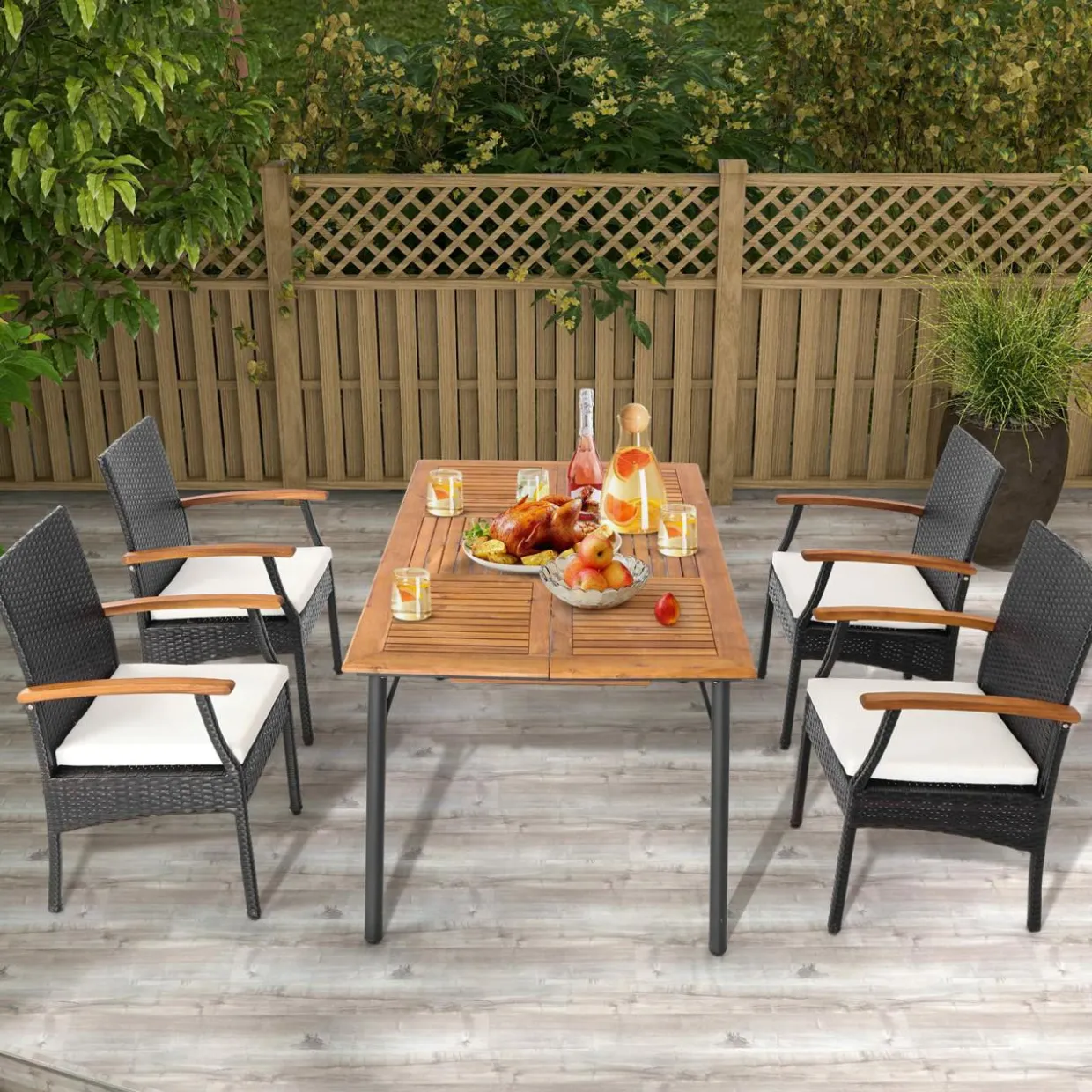 Tangkula Patio Wicker Chair Set of 2, Outdoor PE Rattan Chairs with Soft Zippered Cushion & Acacia Wood Armrests