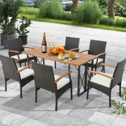 Tangkula Patio Wicker Chair Set of 2, Outdoor PE Rattan Chairs with Soft Zippered Cushion & Acacia Wood Armrests