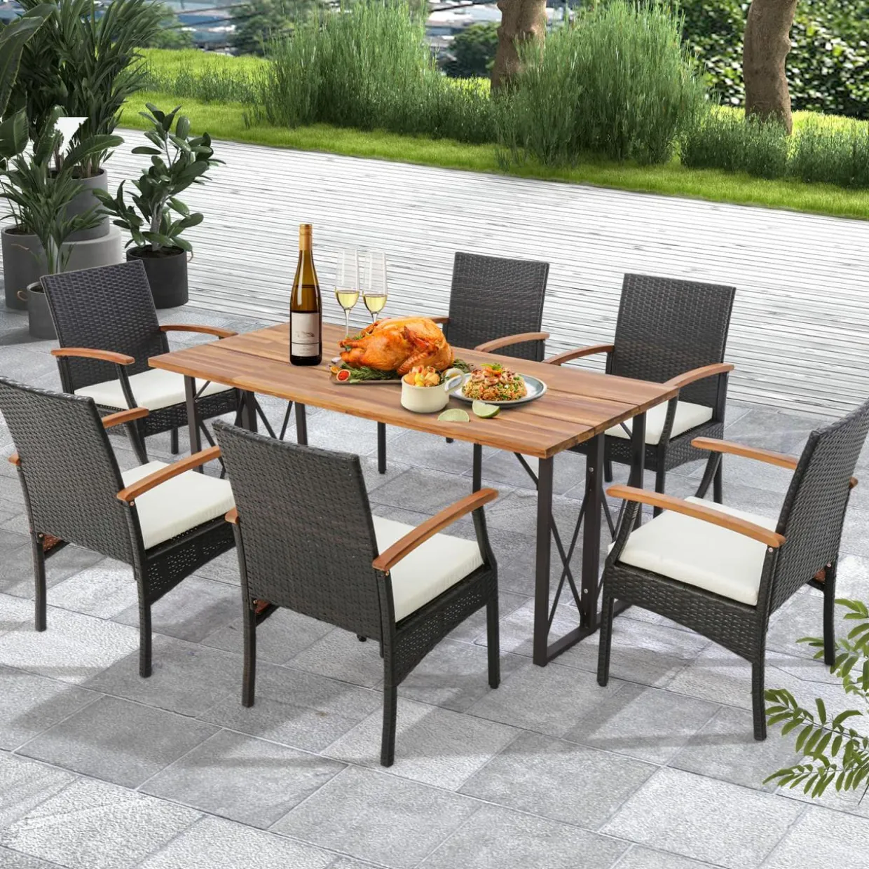 Tangkula Patio Wicker Chair Set of 2, Outdoor PE Rattan Chairs with Soft Zippered Cushion & Acacia Wood Armrests
