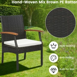 Tangkula Patio Wicker Chair Set of 2, Outdoor PE Rattan Chairs with Soft Zippered Cushion & Acacia Wood Armrests