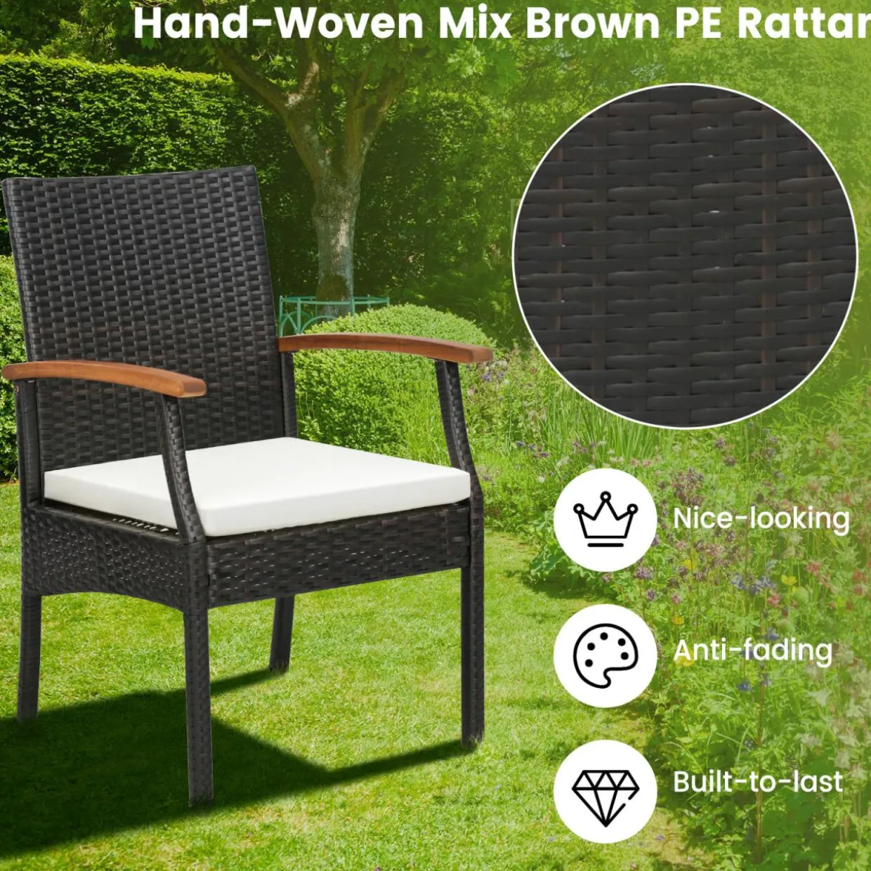 Tangkula Patio Wicker Chair Set of 2, Outdoor PE Rattan Chairs with Soft Zippered Cushion & Acacia Wood Armrests