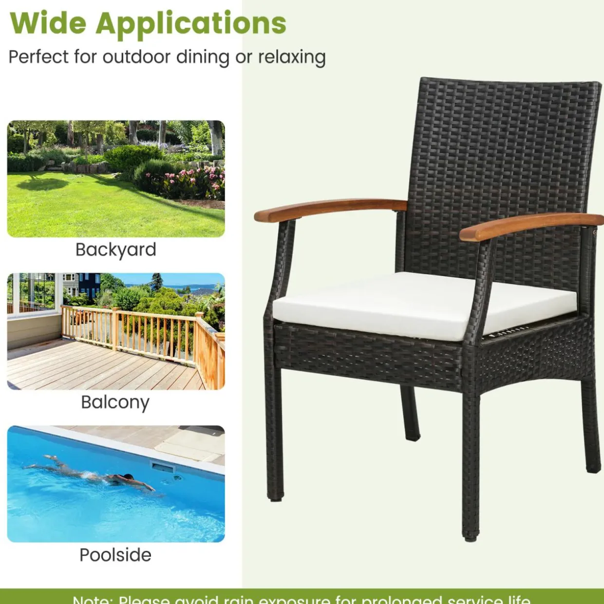 Tangkula Patio Wicker Chair Set of 2, Outdoor PE Rattan Chairs with Soft Zippered Cushion & Acacia Wood Armrests