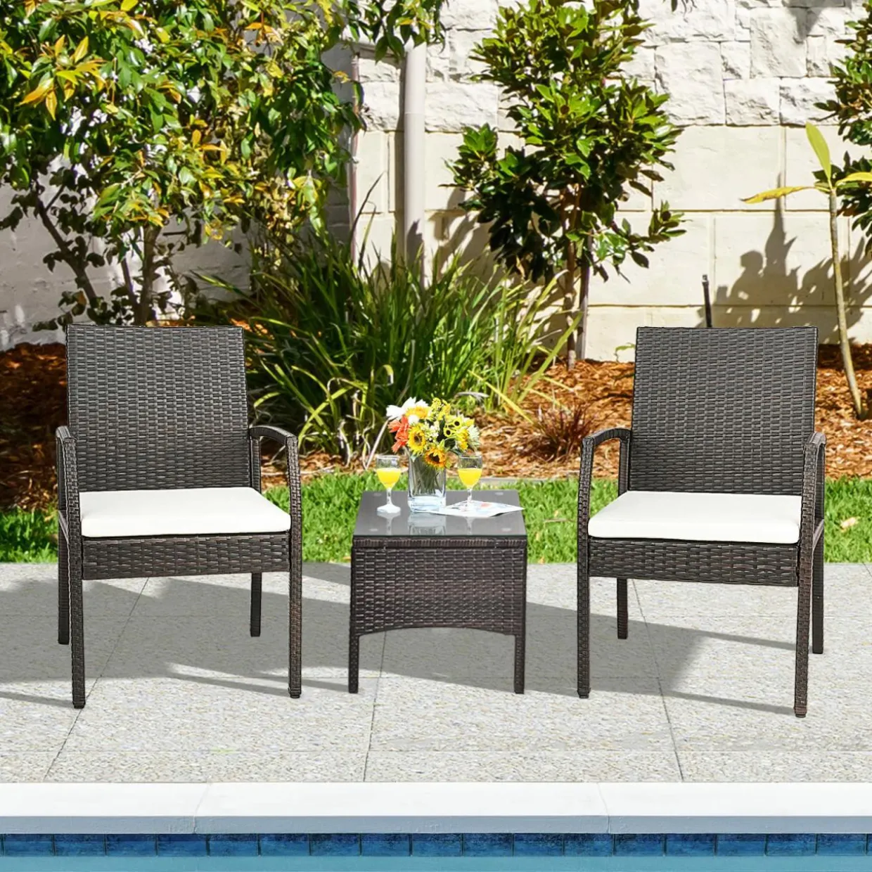 Tangkula Patio Wicker Dining Chair Set of 2, Outdoor PE Rattan Armchairs with Removable Cushion