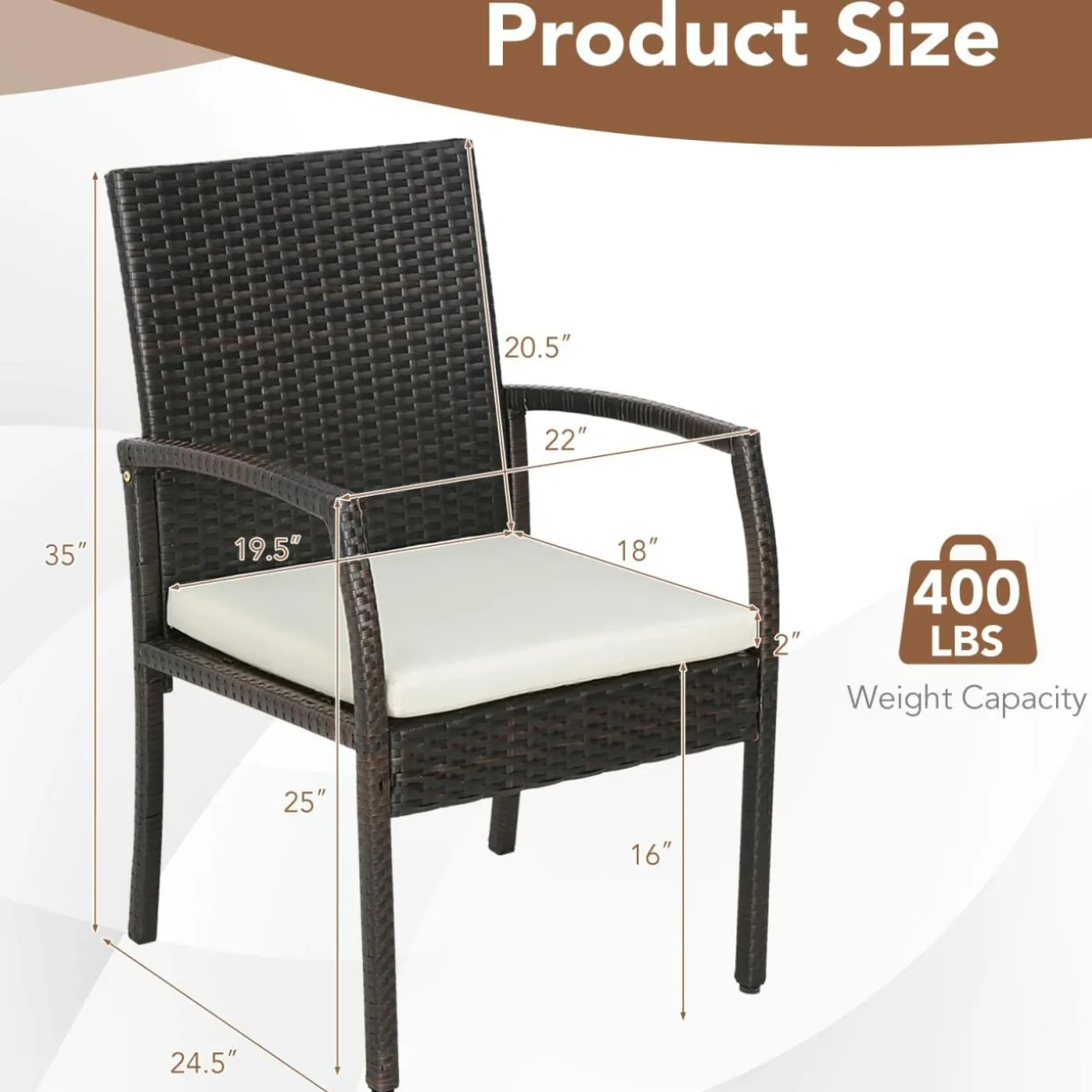 Tangkula Patio Wicker Dining Chair Set of 2, Outdoor PE Rattan Armchairs with Removable Cushion